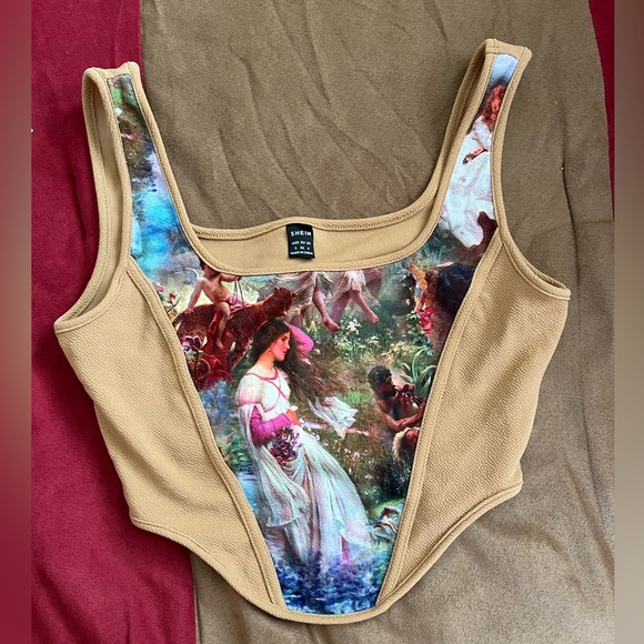 SHEIN Tops - Tan and Multicolor Art Print Tank Top